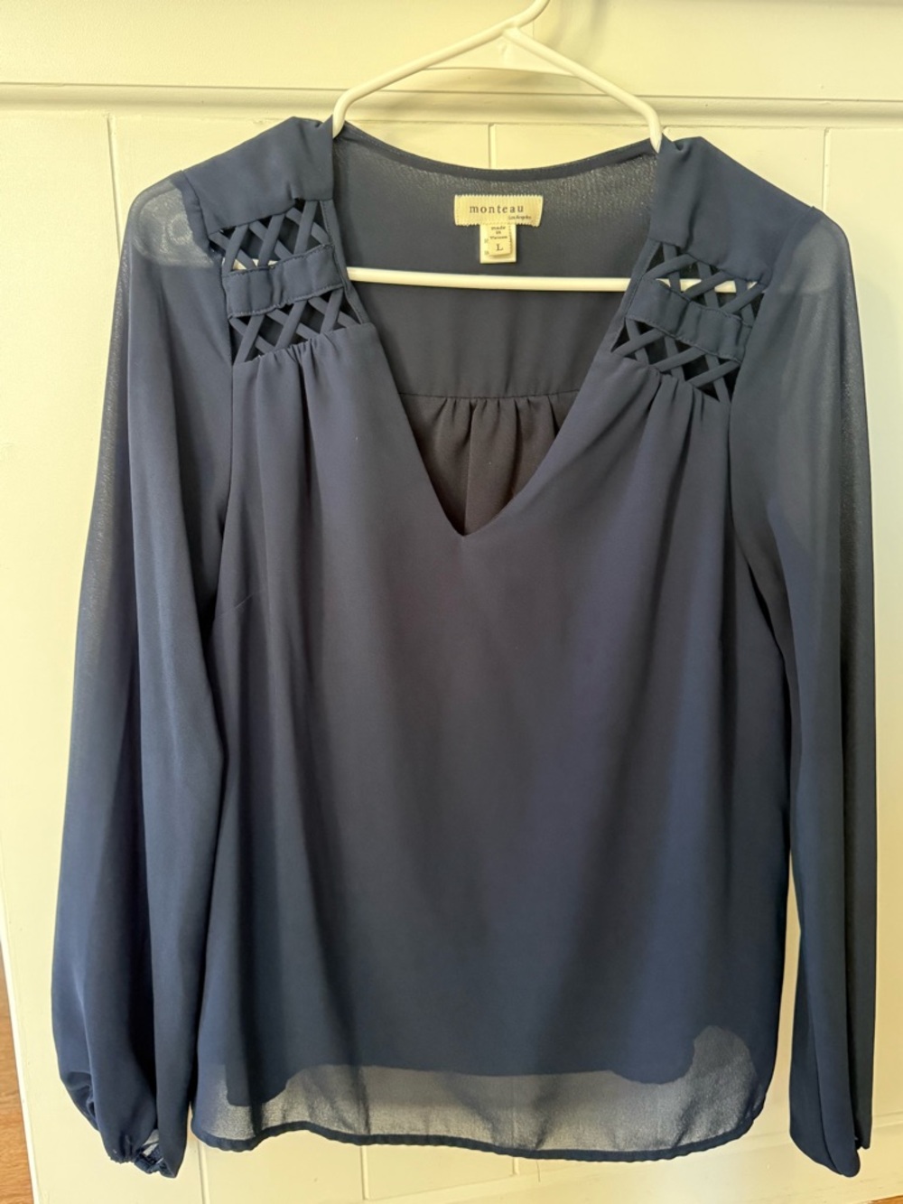 Monteau Navy V-Neck Long-Sleeve Blouse with Lattice Shoulder